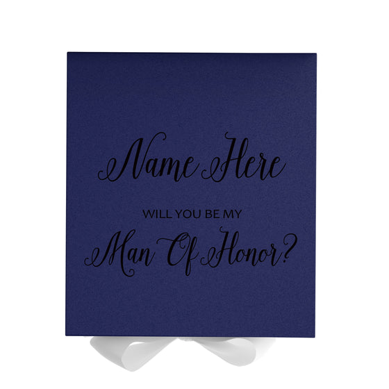 Personalized Will You Be My Man Of Honor  Box? Proposal Box Navy Blue w/ Bow white - No Border