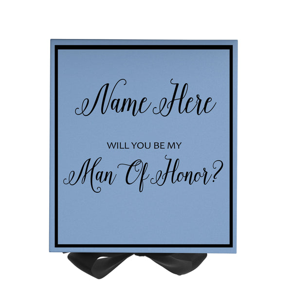 Personalized Will You Be My Man Of Honor  Box? Proposal Box Light Blue w/ Bow Blk -  Border