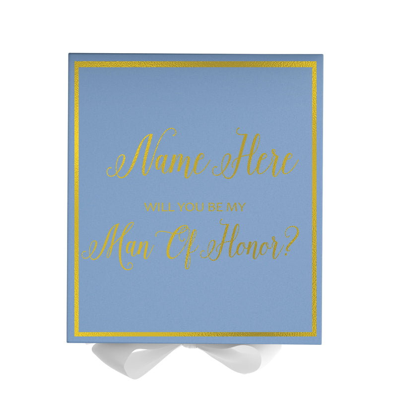 Personalized Will You Be My Man Of Honor  Box? Proposal Box Light Blue w/ Bow white -  Border