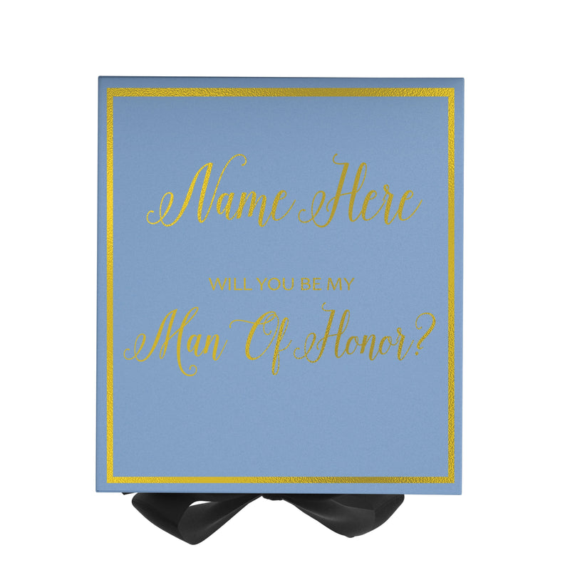 Personalized Will You Be My Man Of Honor  Box? Proposal Box Light Blue w/ Bow Blk -  Border