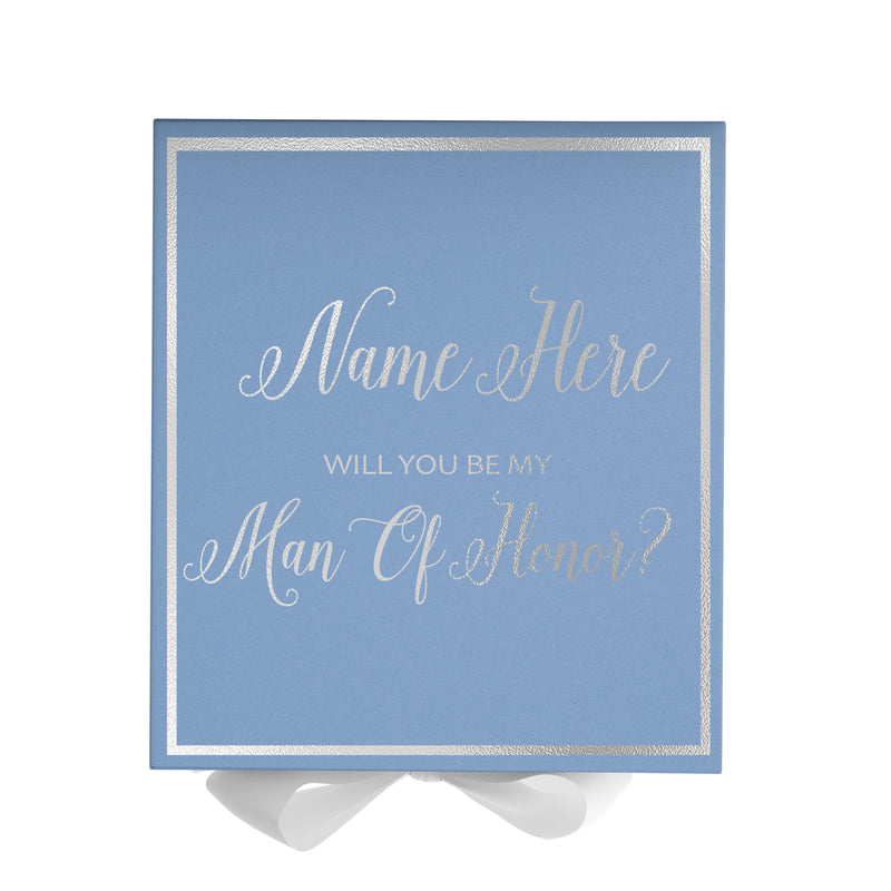 Personalized Will You Be My Man Of Honor  Box? Proposal Box Light Blue w/ Bow white -  Border
