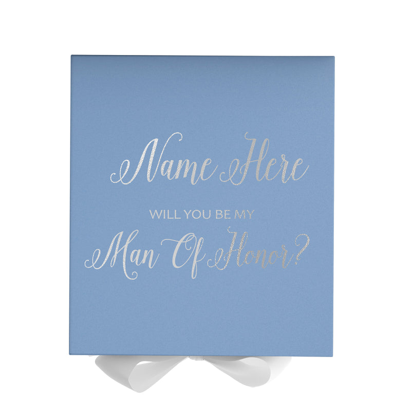 Personalized Will You Be My Man Of Honor  Box? Proposal Box Light Blue w/ Bow white - No Border