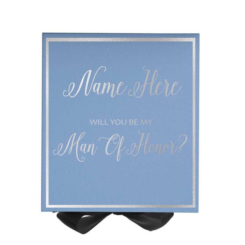 Personalized Will You Be My Man Of Honor  Box? Proposal Box Light Blue w/ Bow Blk -  Border