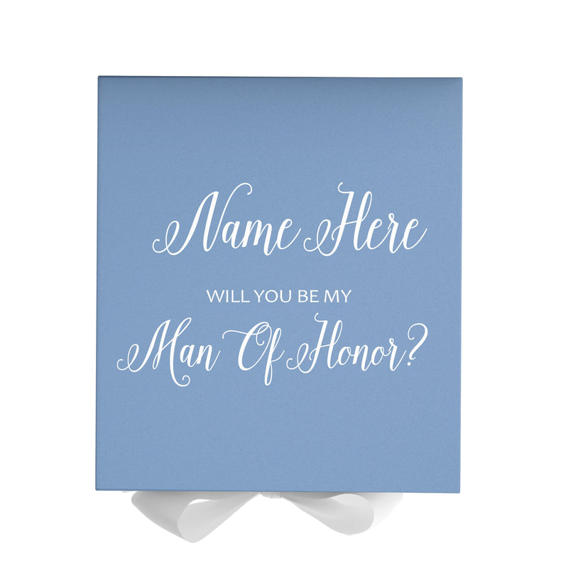 Personalized Will You Be My Man Of Honor  Box? Proposal Box Light Blue w/ Bow white - No Border