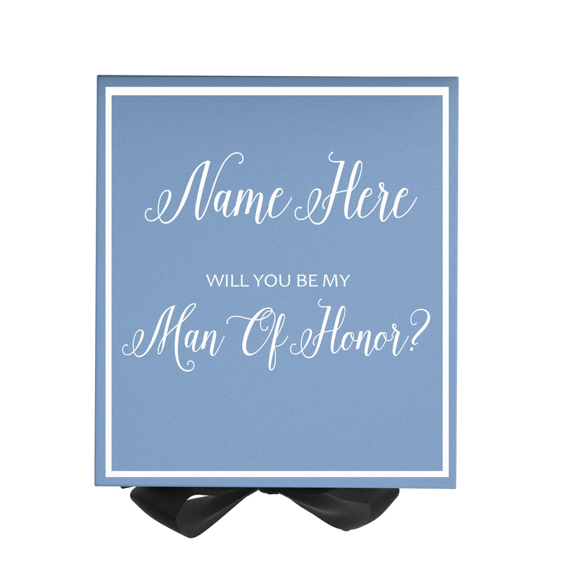 Personalized Will You Be My Man Of Honor  Box? Proposal Box Light Blue w/ Bow Blk -  Border
