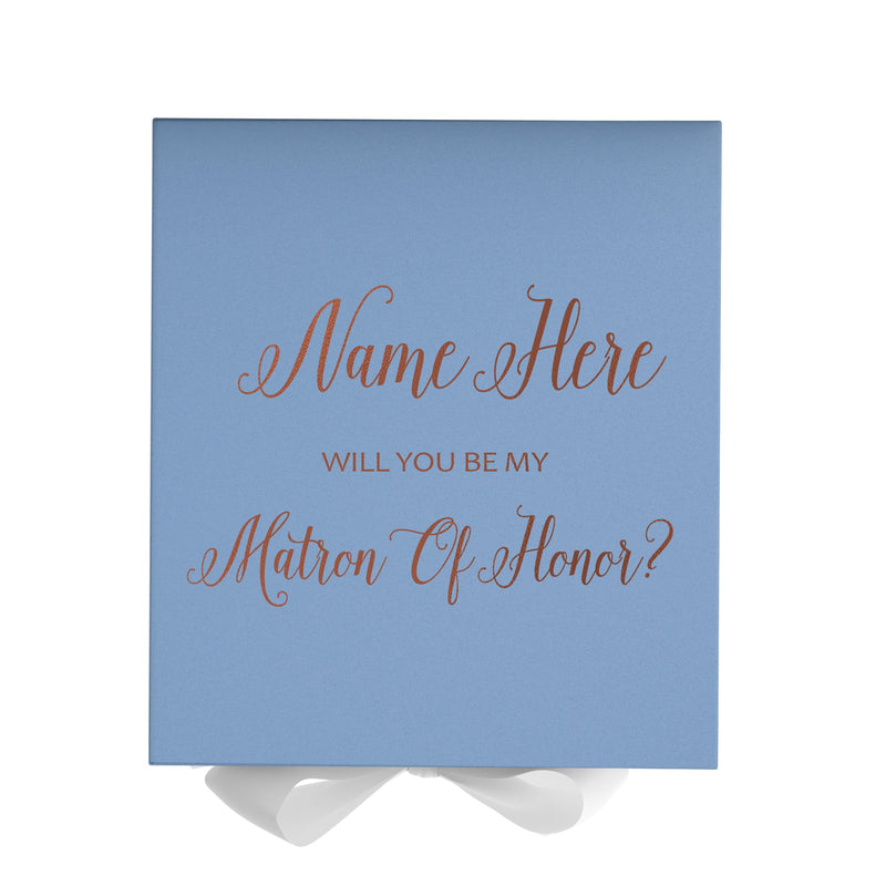 Personalized Will You Be My Matron Of Honor  Box? Proposal Box Light Blue w/ Bow white - No Border