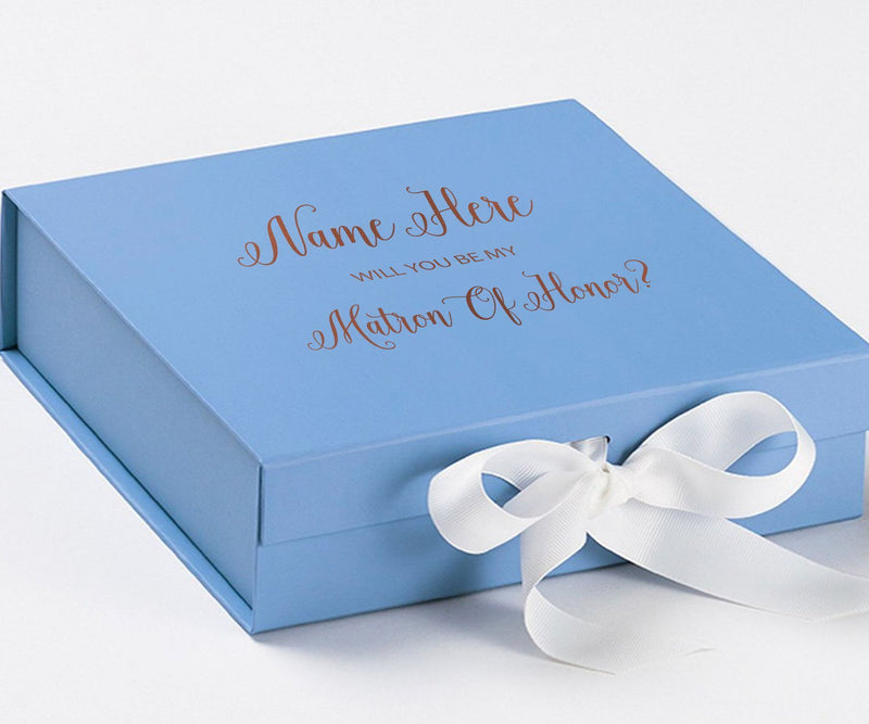 Personalized Will You Be My Matron Of Honor  Box? Proposal Box Light Blue w/ Bow white - No Border
