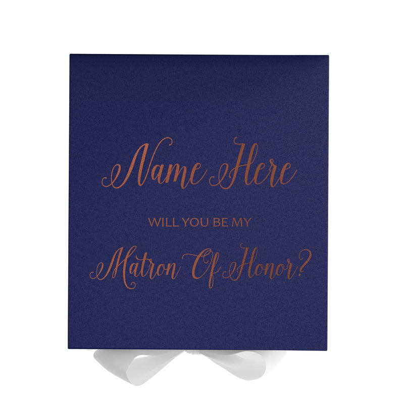 Personalized Will You Be My Matron Of Honor  Box? Proposal Box Navy Blue w/ Bow white - No Border