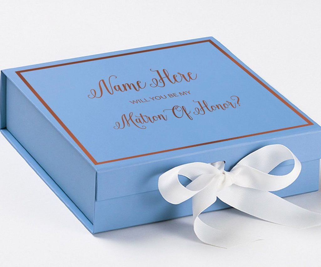 Personalized Will You Be My Matron Of Honor  Box? Proposal Box Light Blue w/ Bow white -  Border
