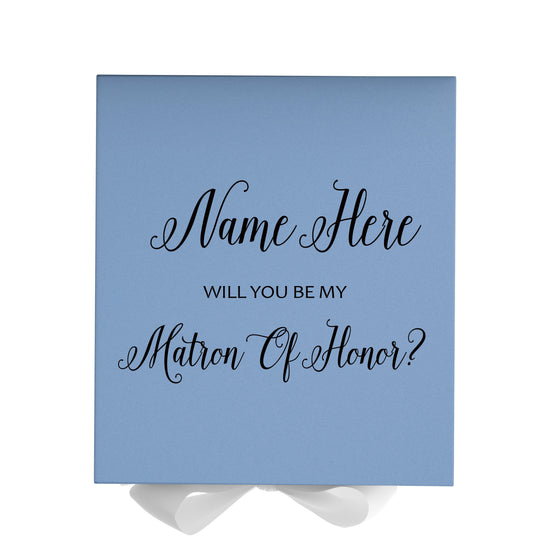 Personalized Will You Be My Matron Of Honor  Box? Proposal Box Light Blue w/ Bow white - No Border