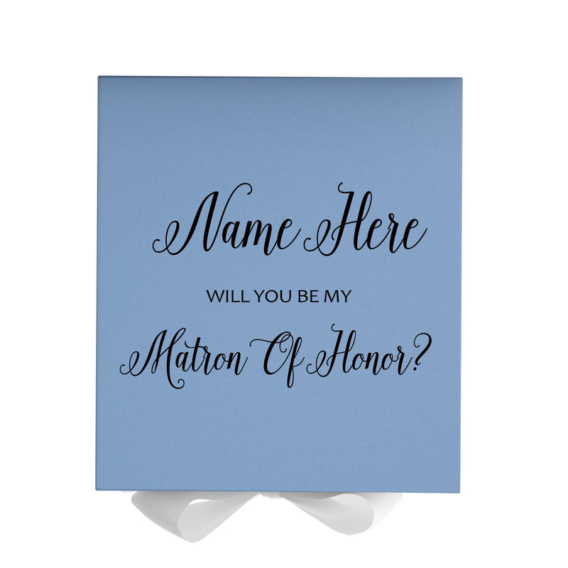 Personalized Will You Be My Matron Of Honor  Box? Proposal Box Light Blue w/ Bow white - No Border