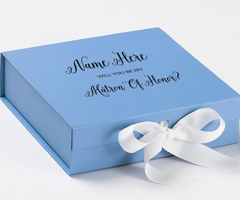 Personalized Will You Be My Matron Of Honor  Box? Proposal Box Light Blue w/ Bow white - No Border