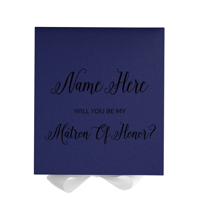 Personalized Will You Be My Matron Of Honor  Box? Proposal Box Navy Blue w/ Bow white - No Border