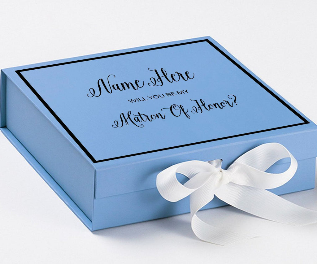Personalized Will You Be My Matron Of Honor  Box? Proposal Box Light Blue w/ Bow white -  Border