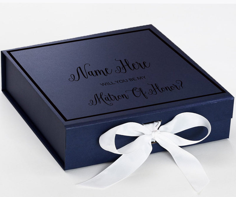Personalized Will You Be My Matron Of Honor  Box? Proposal Box Navy Blue w/ Bow white -  Border