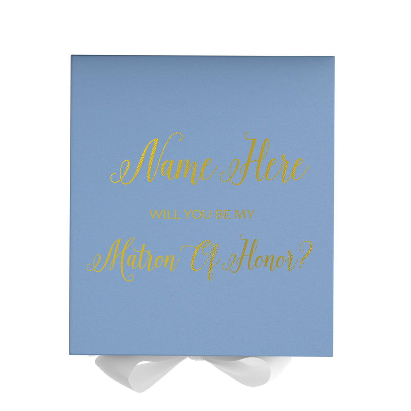 Personalized Will You Be My Matron Of Honor  Box? Proposal Box Light Blue w/ Bow white - No Border