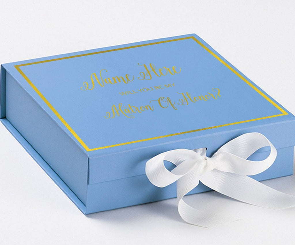Personalized Will You Be My Matron Of Honor  Box? Proposal Box Light Blue w/ Bow white -  Border