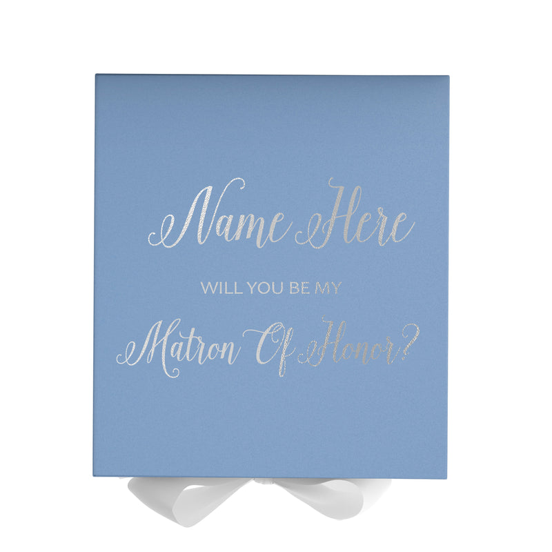 Personalized Will You Be My Matron Of Honor  Box? Proposal Box Light Blue w/ Bow white - No Border