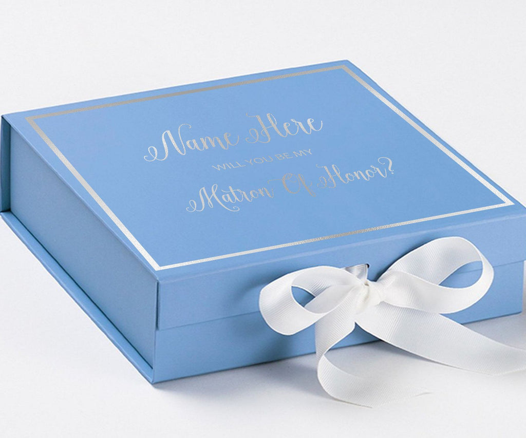 Personalized Will You Be My Matron Of Honor  Box? Proposal Box Light Blue w/ Bow white -  Border