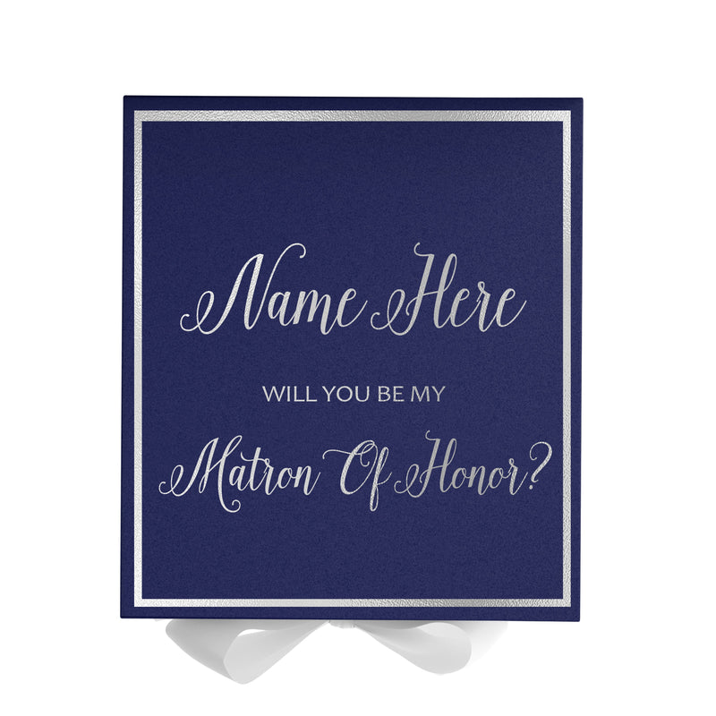 Personalized Will You Be My Matron Of Honor  Box? Proposal Box Navy Blue w/ Bow white -  Border