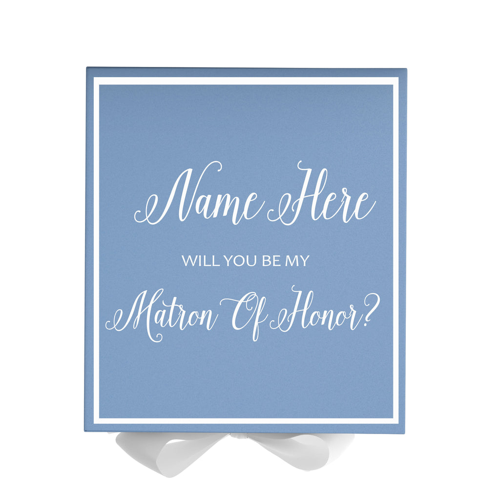 Personalized Will You Be My Matron Of Honor  Box? Proposal Box Light Blue w/ Bow white -  Border