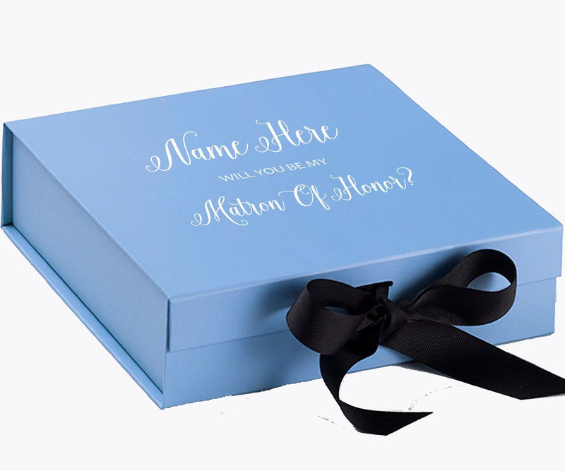 Personalized Will You Be My Matron Of Honor  Box? Proposal Box Light Blue w/ Bow Blk - No Border