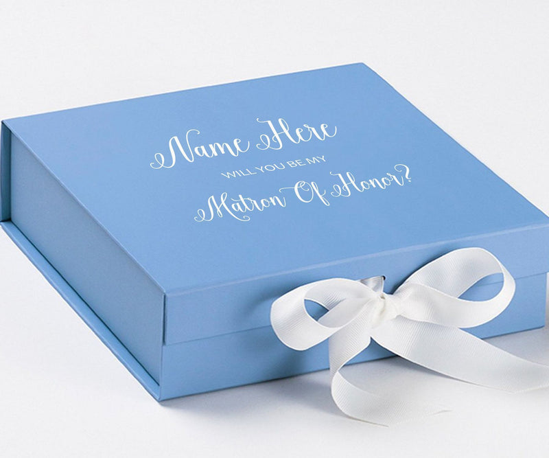Personalized Will You Be My Matron Of Honor  Box? Proposal Box Light Blue w/ Bow white - No Border