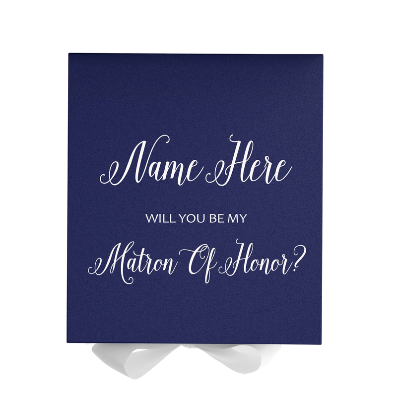 Personalized Will You Be My Matron Of Honor  Box? Proposal Box Navy Blue w/ Bow white - No Border