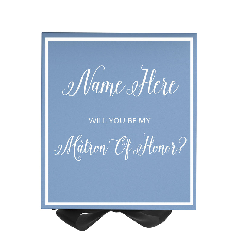 Personalized Will You Be My Matron Of Honor  Box? Proposal Box Light Blue w/ Bow Blk -  Border