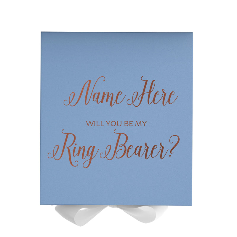Personalized Will You Be My Ring Bearer  Box? Proposal Box Light Blue w/ Bow white - No Border