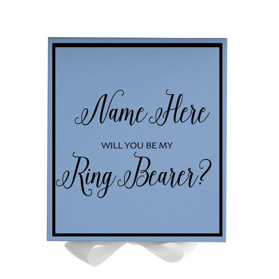 Personalized Will You Be My Ring Bearer  Box? Proposal Box Light Blue w/ Bow white -  Border