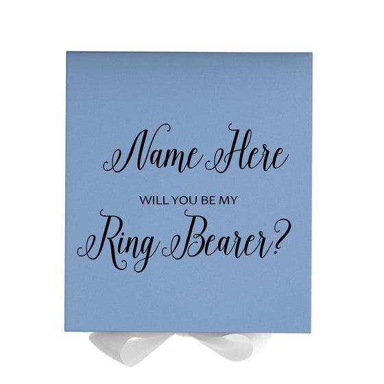 Personalized Will You Be My Ring Bearer  Box? Proposal Box Light Blue w/ Bow white - No Border
