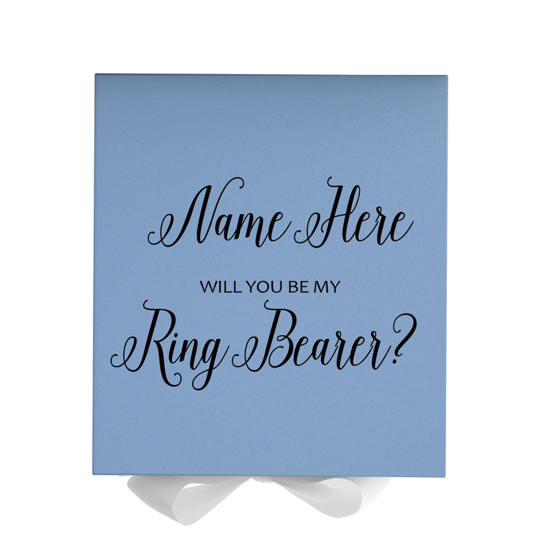 Personalized Will You Be My Ring Bearer  Box? Proposal Box Light Blue w/ Bow white - No Border