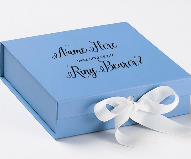 Personalized Will You Be My Ring Bearer  Box? Proposal Box Light Blue w/ Bow white - No Border