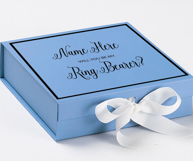Personalized Will You Be My Ring Bearer  Box? Proposal Box Light Blue w/ Bow white -  Border