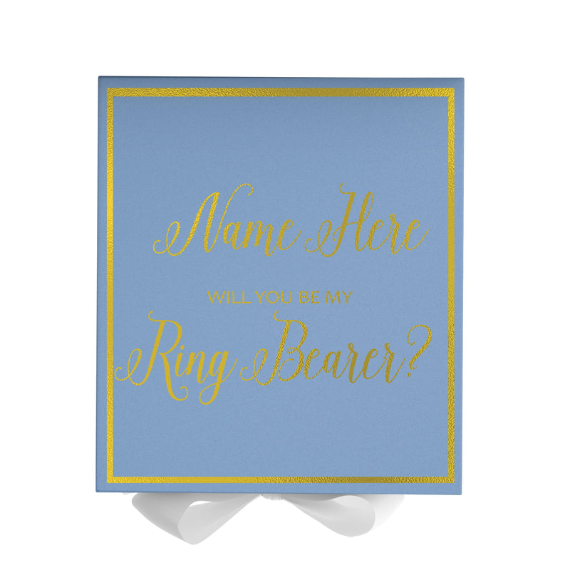 Personalized Will You Be My Ring Bearer  Box? Proposal Box Light Blue w/ Bow white -  Border