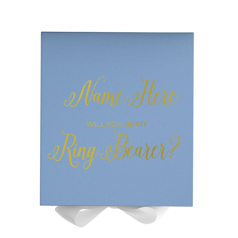 Personalized Will You Be My Ring Bearer  Box? Proposal Box Light Blue w/ Bow white - No Border
