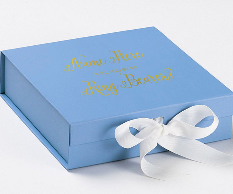 Personalized Will You Be My Ring Bearer  Box? Proposal Box Light Blue w/ Bow white - No Border
