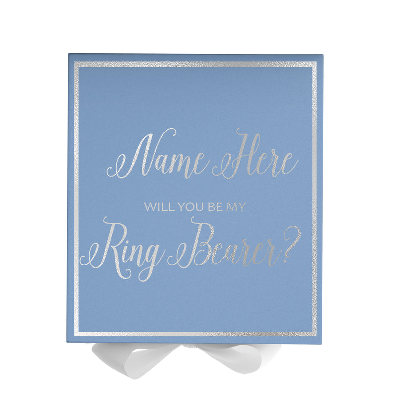 Personalized Will You Be My Ring Bearer  Box? Proposal Box Light Blue w/ Bow white -  Border