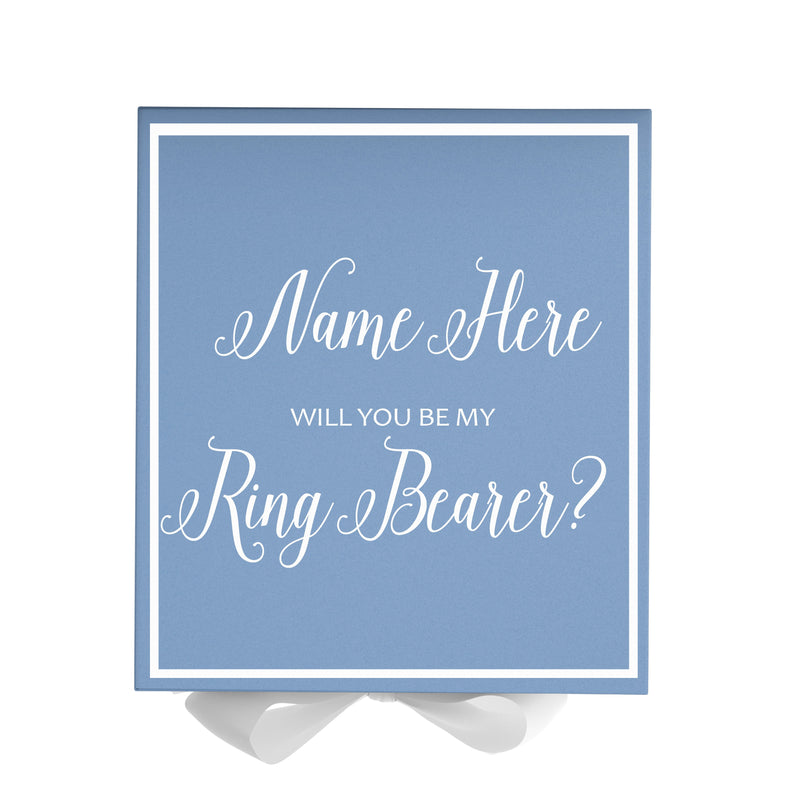Personalized Will You Be My Ring Bearer  Box? Proposal Box Light Blue w/ Bow white -  Border