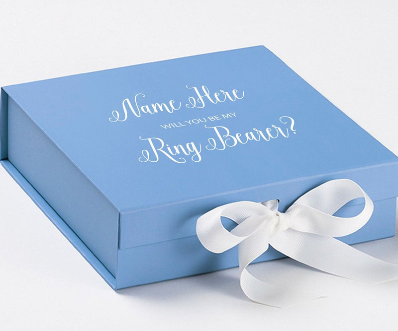Personalized Will You Be My Ring Bearer  Box? Proposal Box Light Blue w/ Bow white - No Border