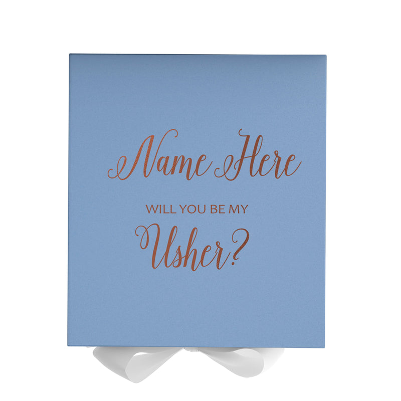Personalized Will You Be My Usher  Box? Proposal Box Light Blue w/ Bow white - No Border