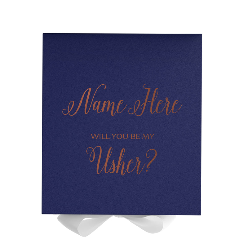 Personalized Will You Be My Usher  Box? Proposal Box Navy Blue w/ Bow white - No Border
