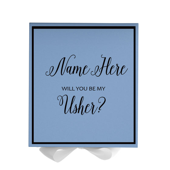 Personalized Will You Be My Usher  Box? Proposal Box Light Blue w/ Bow white -  Border