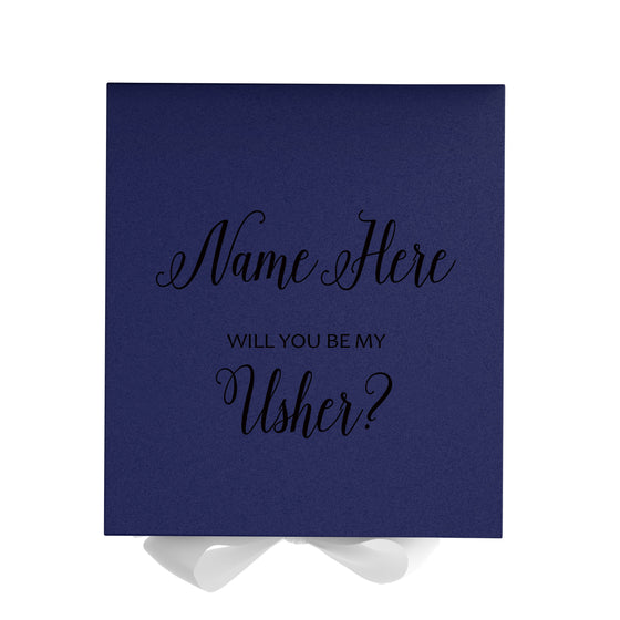 Personalized Will You Be My Usher  Box? Proposal Box Navy Blue w/ Bow white - No Border