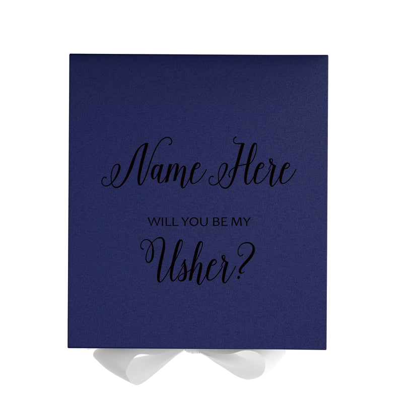 Personalized Will You Be My Usher  Box? Proposal Box Navy Blue w/ Bow white - No Border