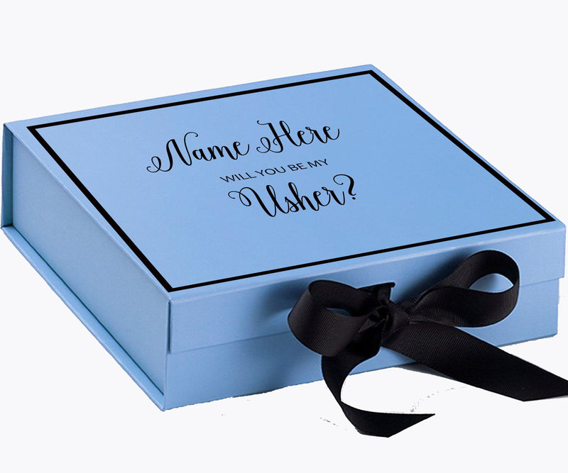 Personalized Will You Be My Usher  Box? Proposal Box Light Blue w/ Bow Blk -  Border