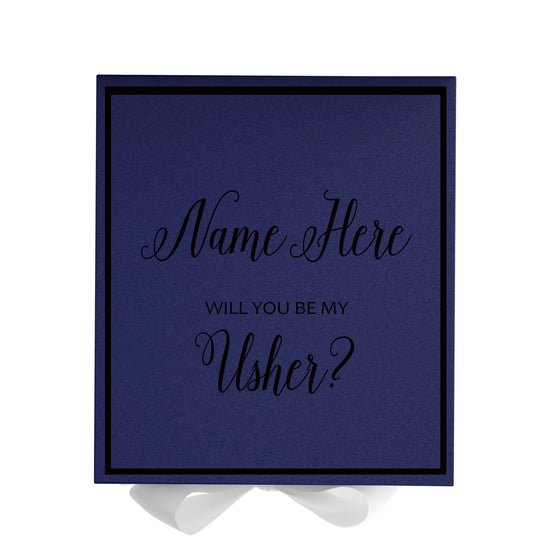 Personalized Will You Be My Usher  Box? Proposal Box Navy Blue w/ Bow white -  Border