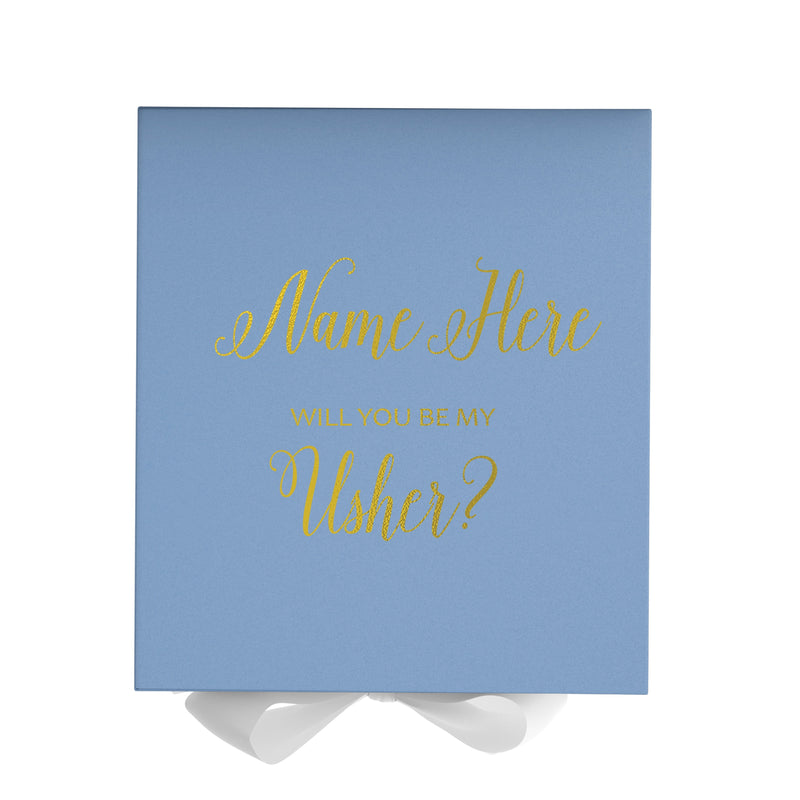 Personalized Will You Be My Usher  Box? Proposal Box Light Blue w/ Bow white - No Border