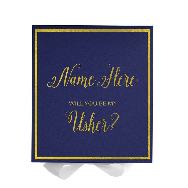Personalized Will You Be My Usher  Box? Proposal Box Navy Blue w/ Bow white -  Border